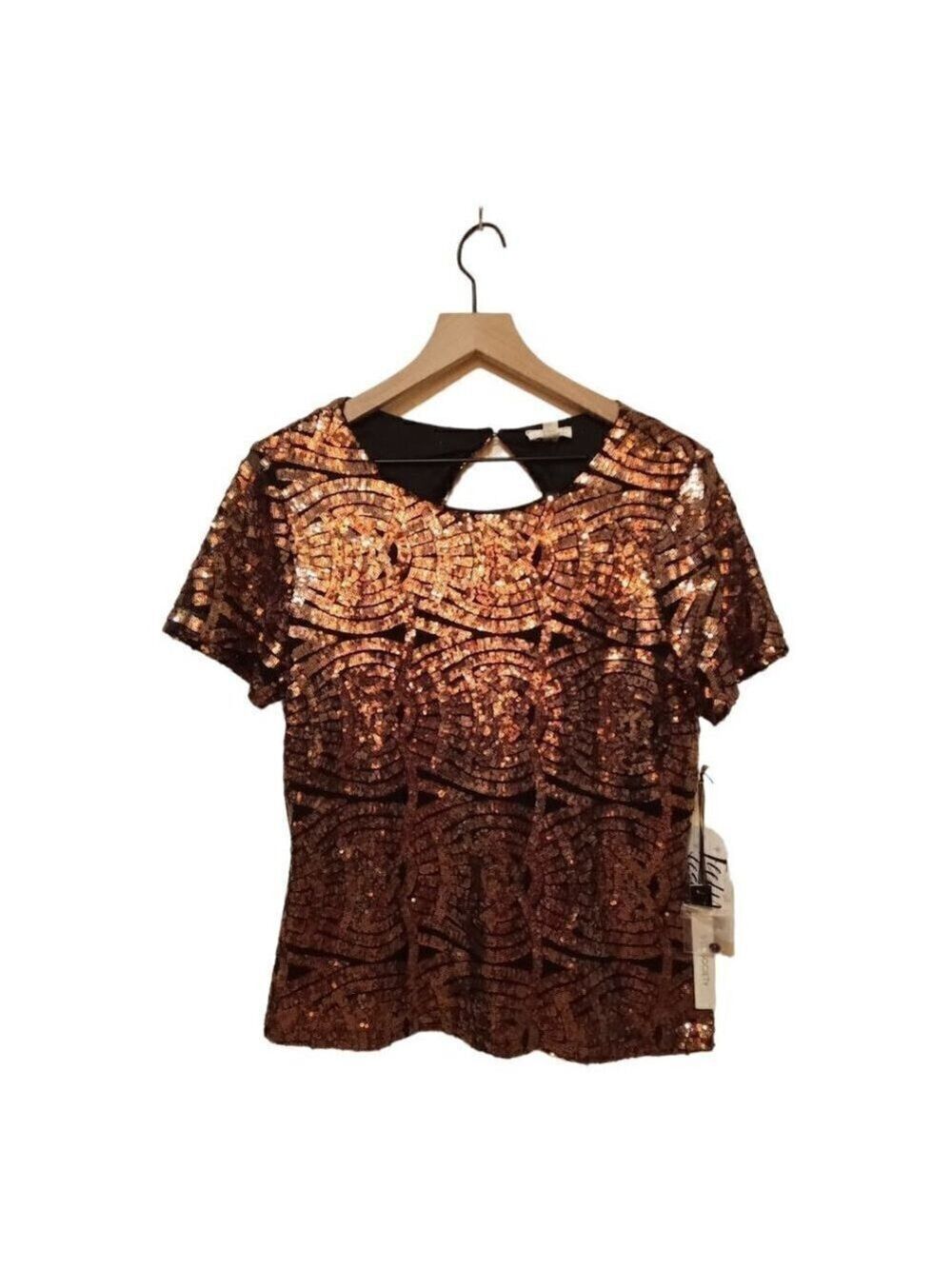 S.C. Society NWT Scoop Neck Short Sleeve Rose Gold Sequin Blouse Sz M